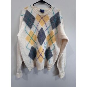 Vintage Woodward Argyle Sweater Mens Size L Cream Wool Shetland Preppy Academic